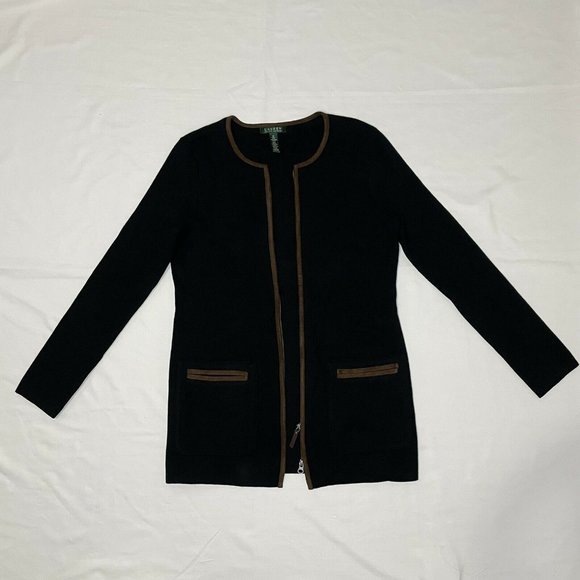 Lauren Ralph Lauren Sweaters - LAUREN Ralph Lauren Medium Black Cardigan Full Double Zip Faux Suede Trim Pocket